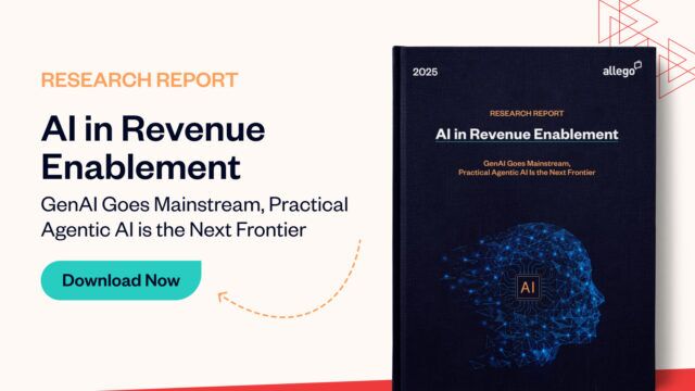 A digital graphic shows a research report titled AI in Revenue Enablement with a blue book cover featuring a digital brain and AI sales agents. There’s a Download Now button and a headline about practical agentic AI.