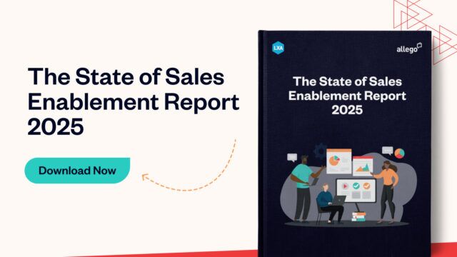 A promotional graphic for The State of Sales Enablement Report 2025, featuring the report cover with illustrated people analyzing charts and graphs, highlighting sales enablement best practices, and a Download Now button on the left.